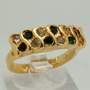 Gold Tone Adjustable Ring Emerald Green and Clear Crystal Band Size 7 Vintage